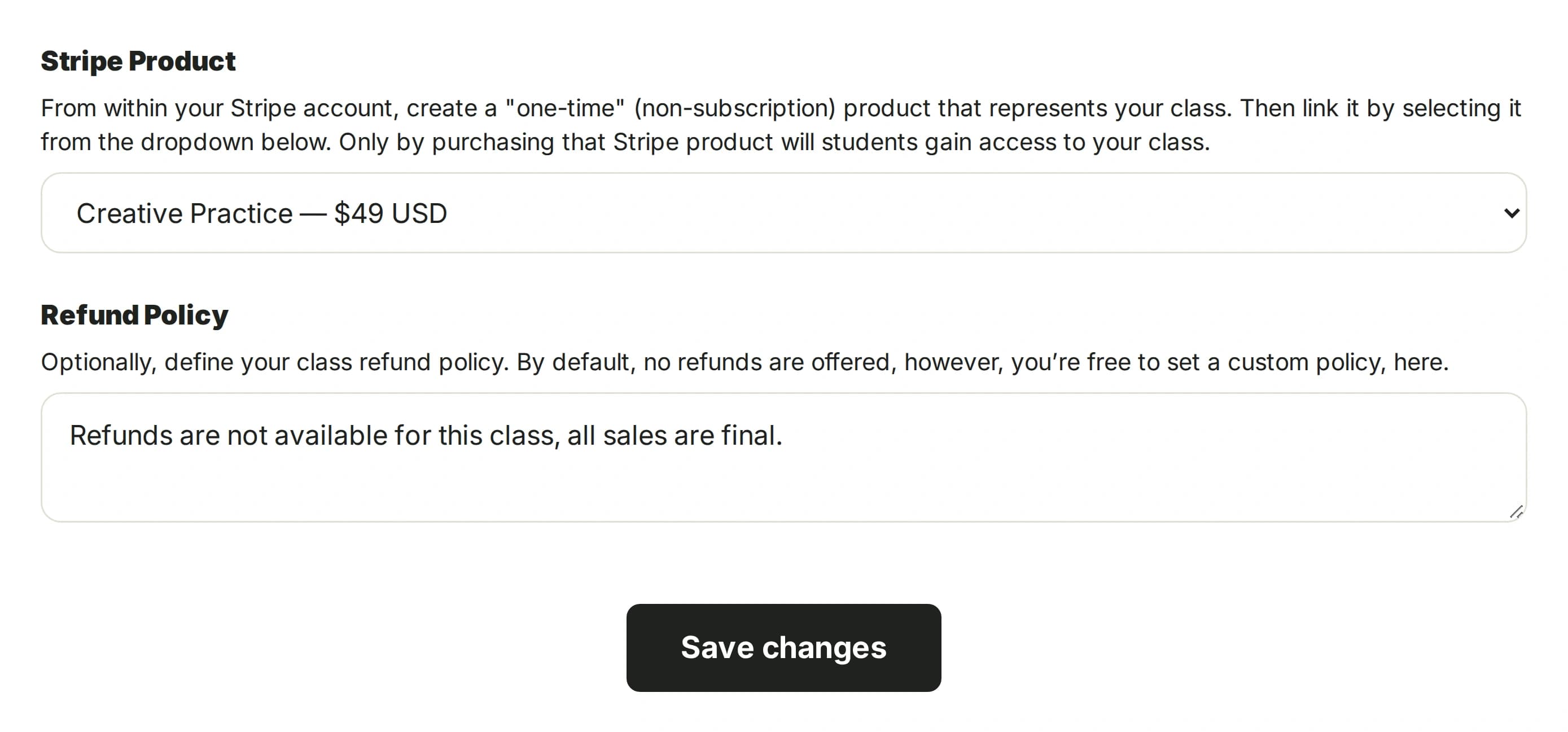 A teacher setting up a paid creative practice class with their own Stripe account