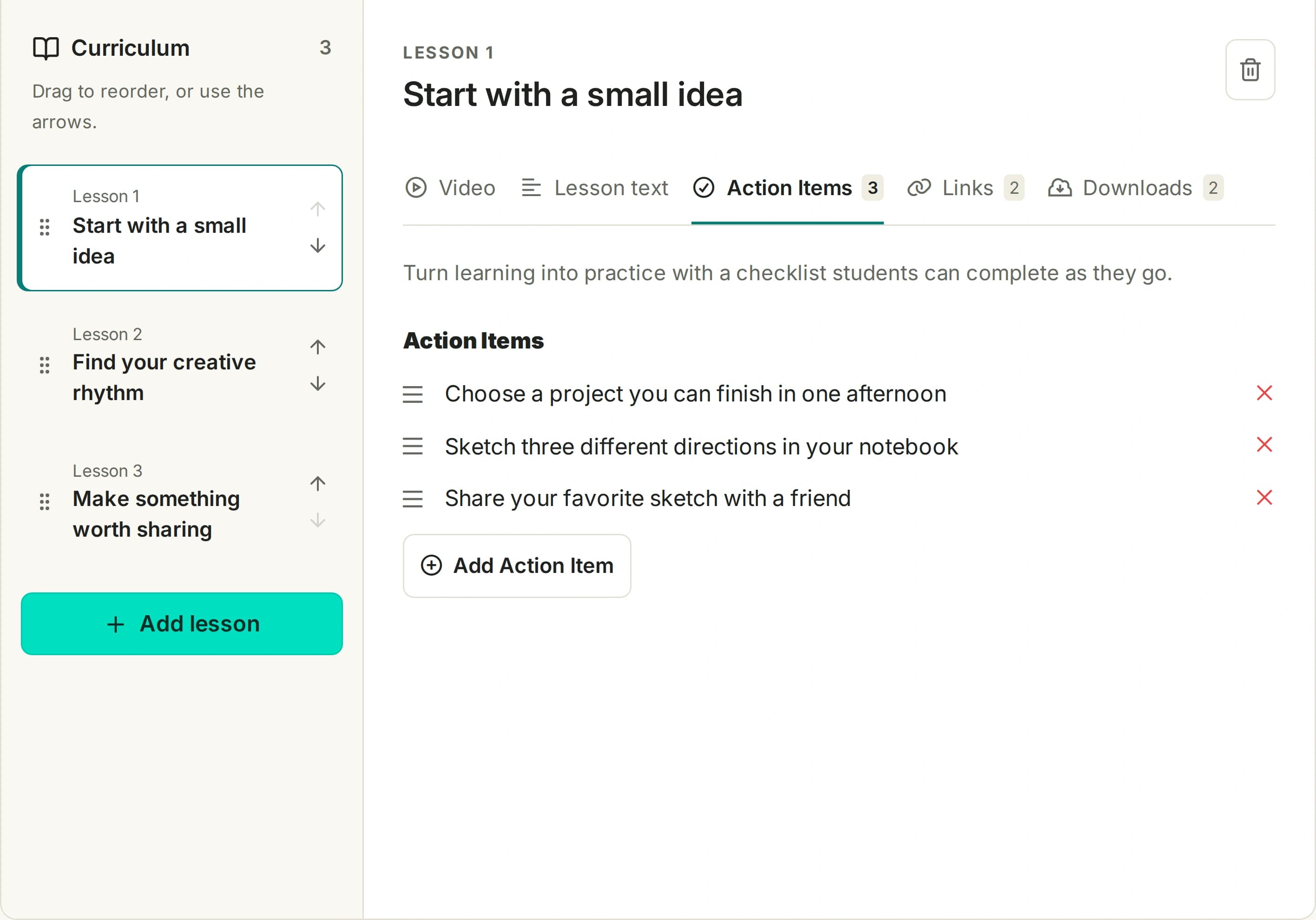 Curriculum and action items in the redesigned course builder